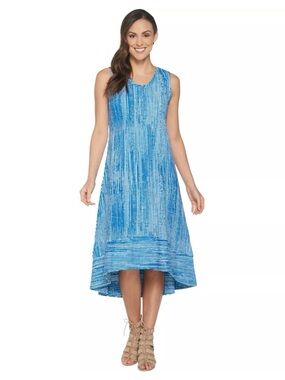 H By Halston High Low Midi Dress SZ M Petite Blue White Stripes Summer Vacay